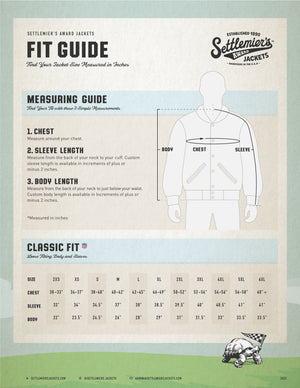 A fit guide poster for Settler's Award Jackets, featuring a body measurement diagram, sizing instructions, and a size chart for classic fit jackets in inches.